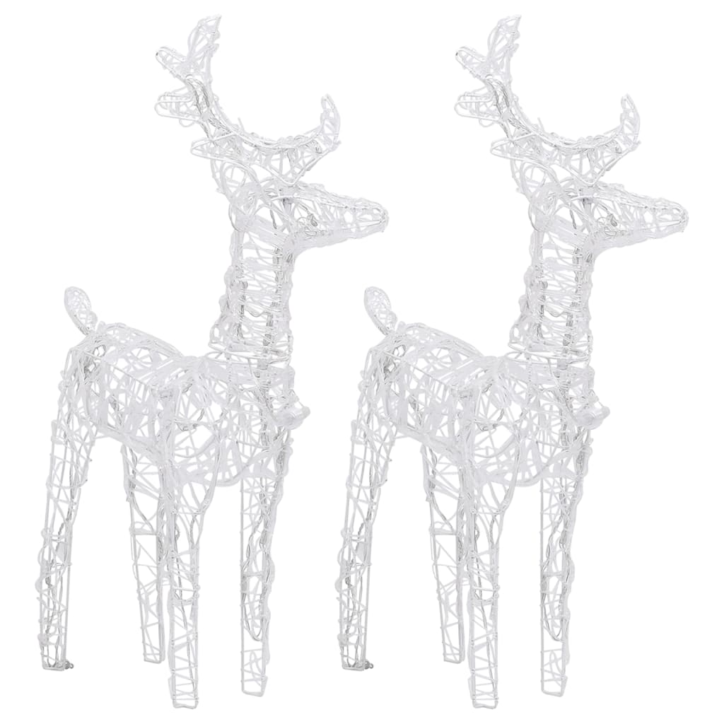 Two white wireframe reindeer Christmas decorations with LED lights.