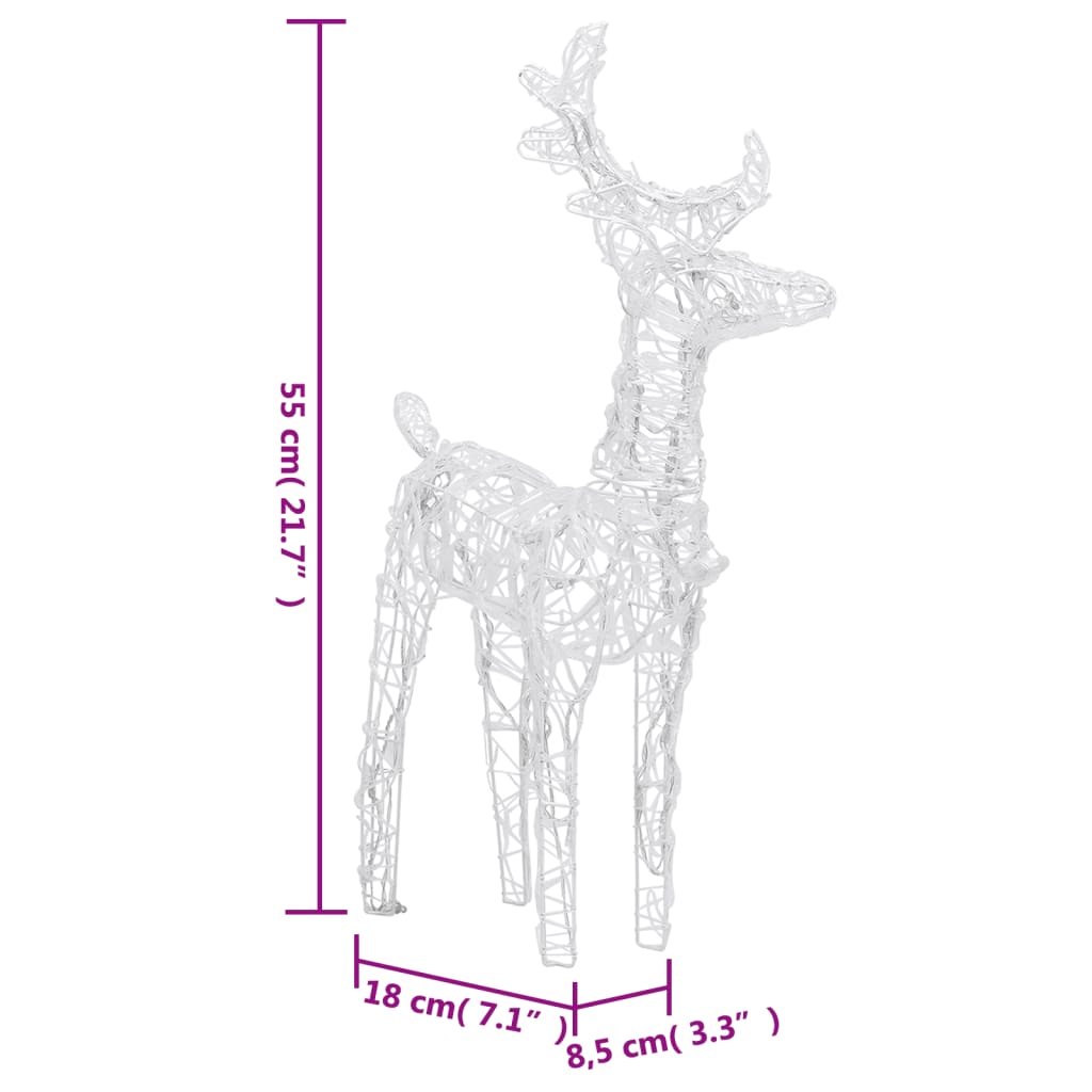 White wireframe reindeer decoration, 55 cm tall, 18 cm wide, 21 cm deep.