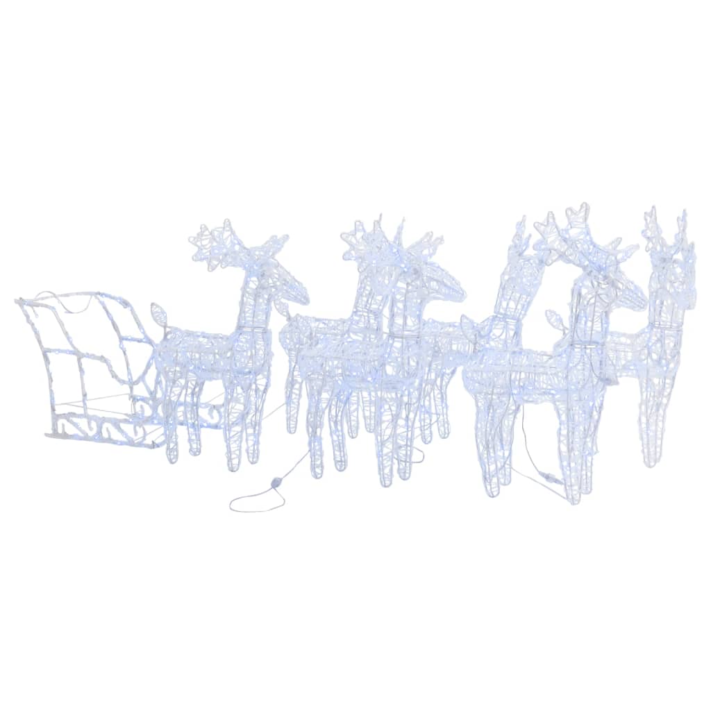Acrylic reindeer and sleigh Christmas decoration with 320 LEDs on PVC and steel frames.