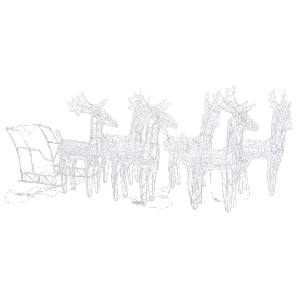 A white acrylic reindeer and sleigh Christmas decoration with five reindeer.
