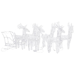 A white acrylic reindeer and sleigh Christmas decoration with five reindeer.