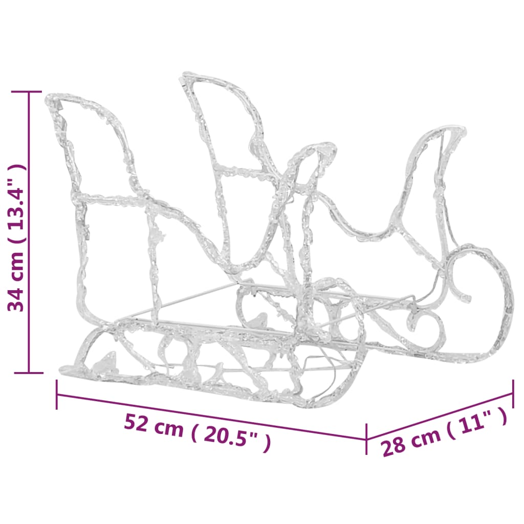 Acrylic reindeer and sleigh Christmas decoration with 320 LEDs, measuring 52 cm wide, 34 cm high, and 28 cm deep.