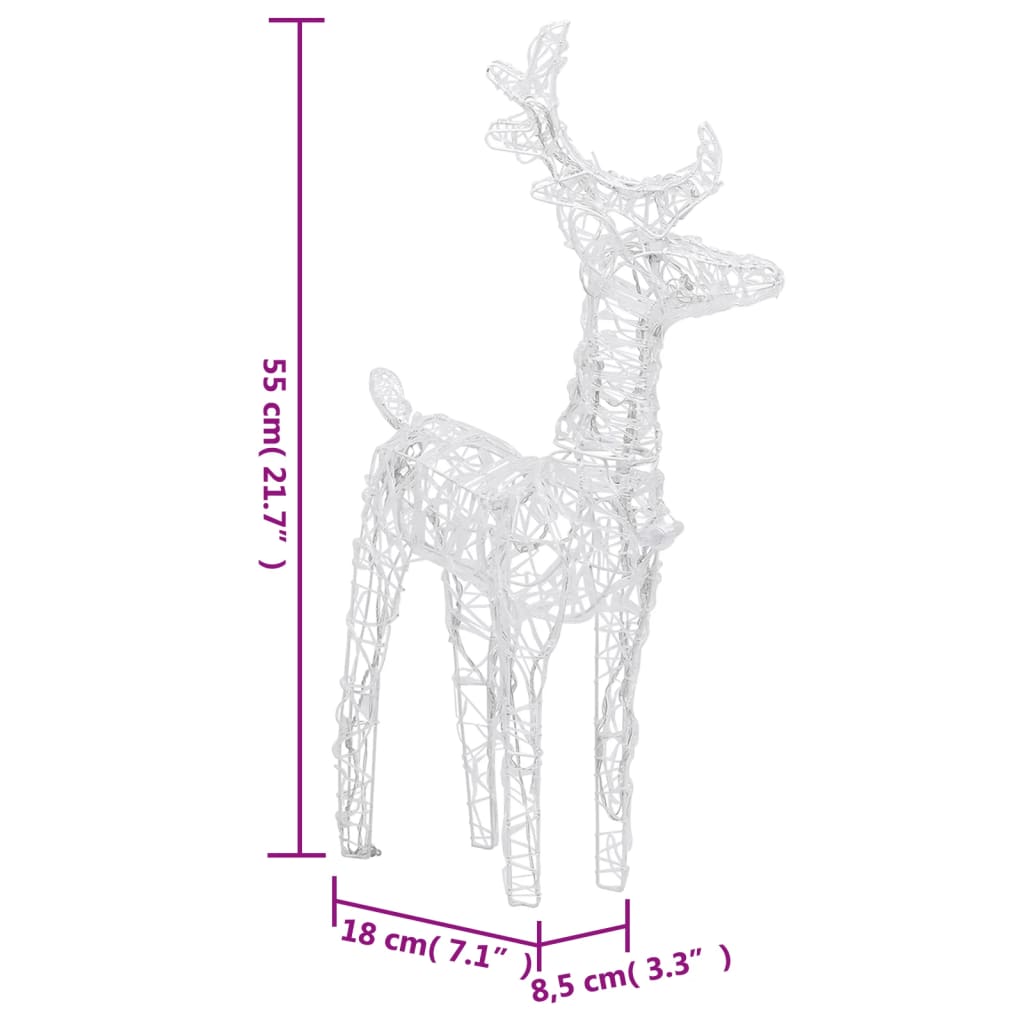A white wireframe reindeer decoration with dimensions of 55 cm (21.7") high, 18 cm (7.1") long, and 8.5 cm (3.3") wide.