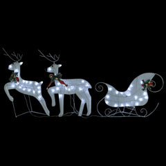 White LED-lit reindeer and sleigh Christmas decoration for outdoor use.
