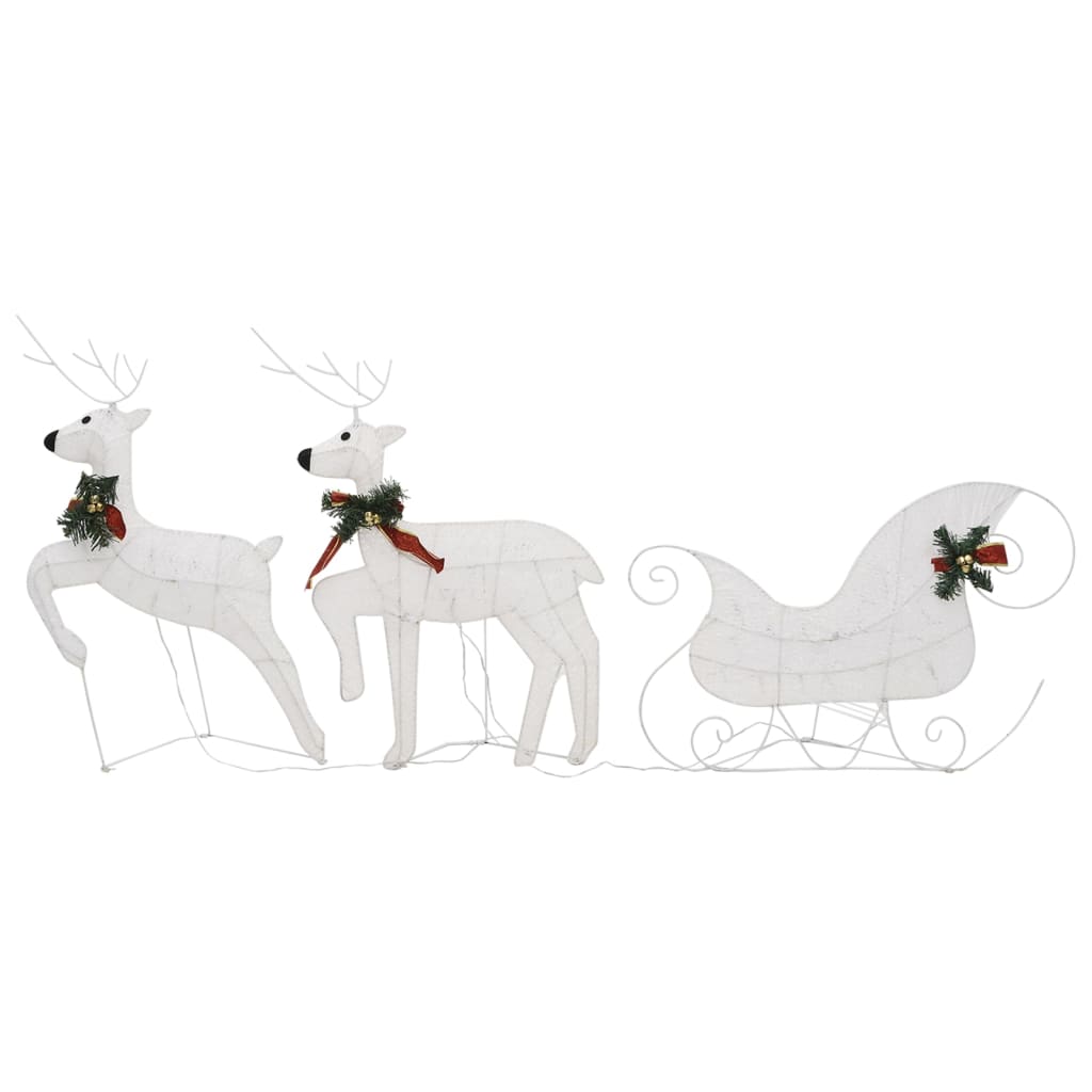 White metal reindeer and sleigh Christmas decoration with 100 LED lights and greenery accents.