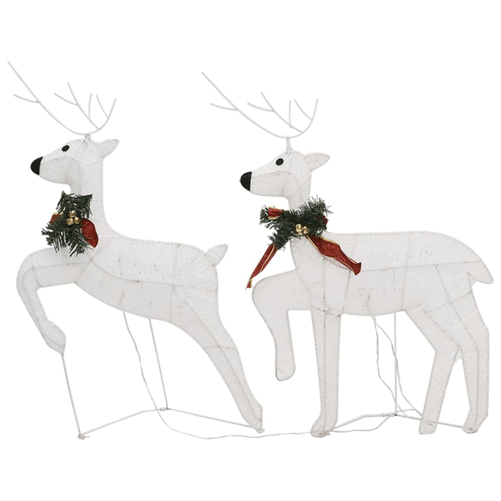 Two white mesh reindeer with antlers and festive collars, connected by wires for outdoor display.