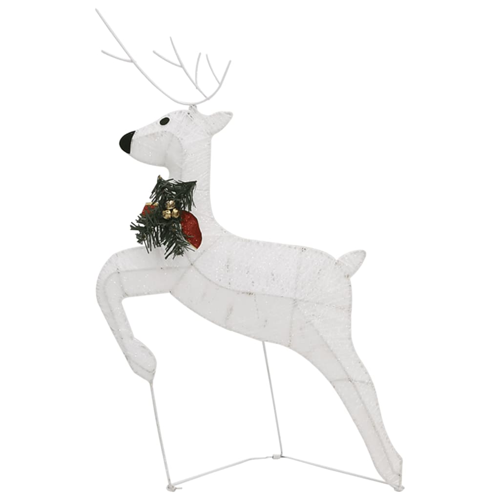White outdoor reindeer Christmas decoration with green wreath, red bow, and LED lights.