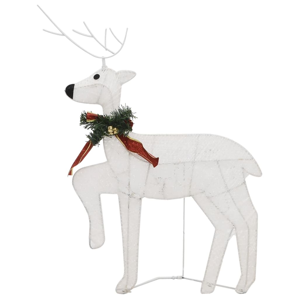 White wireframe reindeer with red bow and green wreath, standing on one leg.