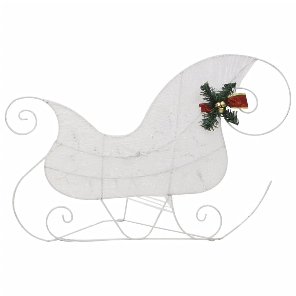 White metal reindeer and sleigh Christmas decoration with 100 LED lights and greenery bow detail