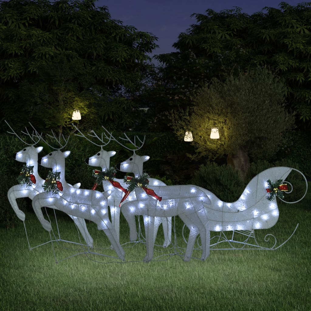 White LED-lit reindeer and sleigh Christmas decoration for outdoor use.