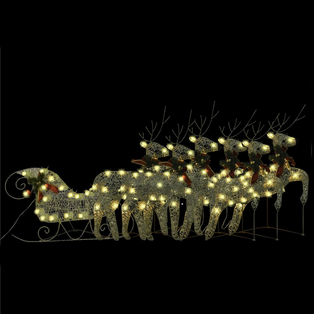 Golden reindeer and sleigh silhouette with 140 LEDs for outdoor Christmas decoration.