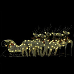 Golden reindeer and sleigh silhouette with 140 LEDs for outdoor Christmas decoration.