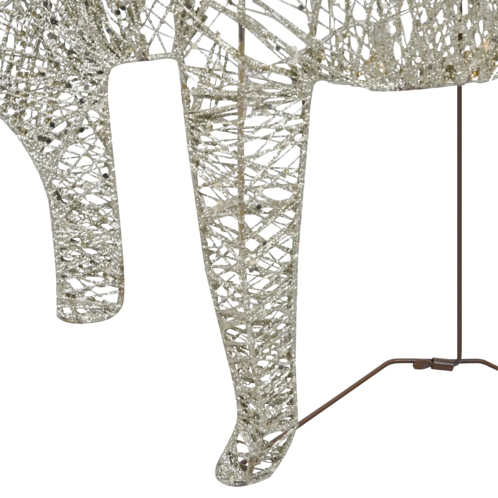 Gold reindeer and sleigh silhouette with 140 LEDs on a mesh frame for outdoor Christmas decoration.