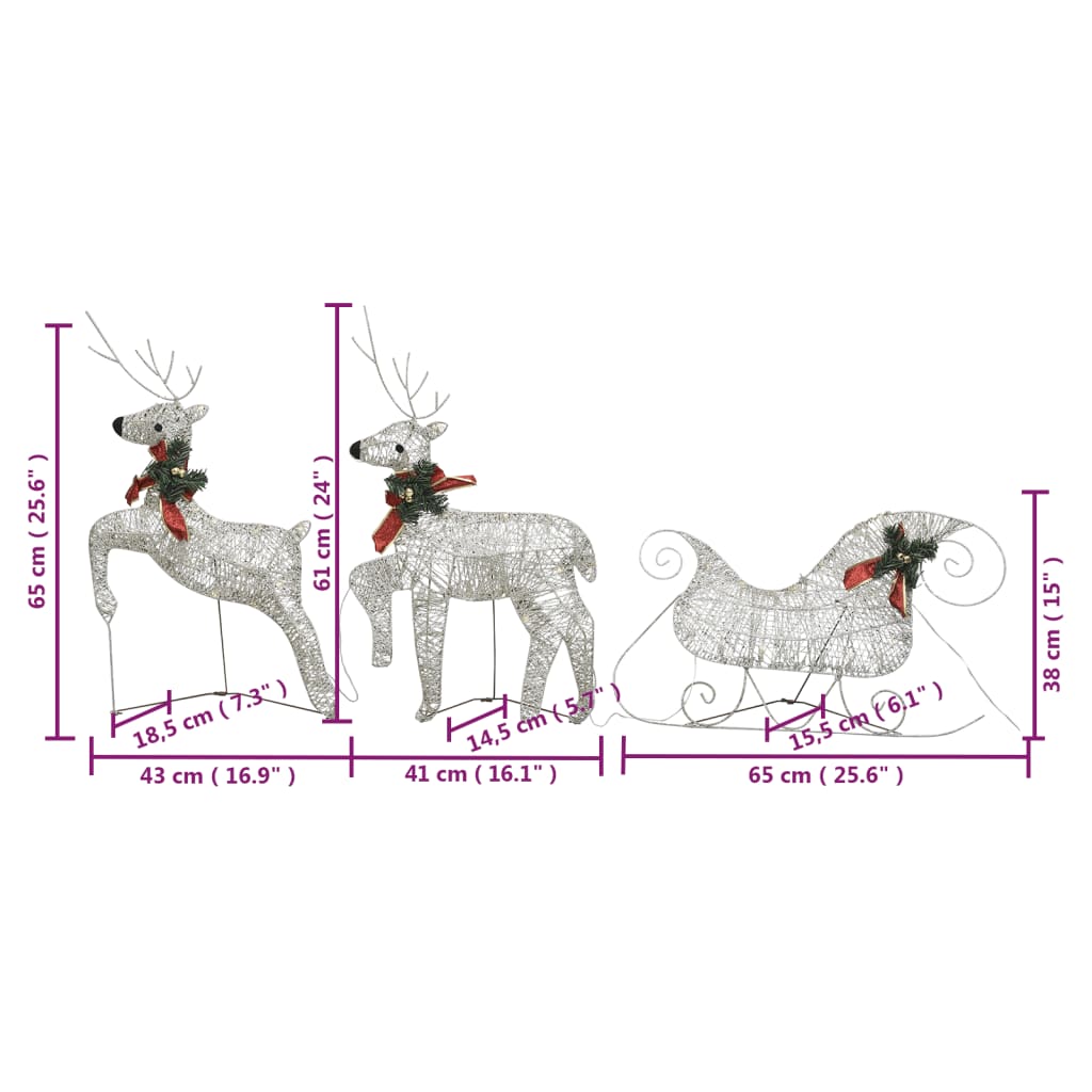 Gold reindeer and sleigh Christmas decoration with 140 LEDs, shown in dimensions.