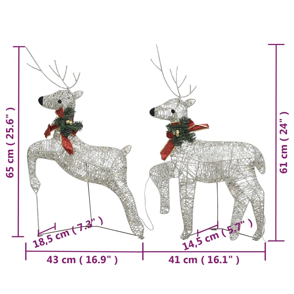 Two gold reindeer and sleigh silhouettes with 140 LEDs, measuring 65cm high, for outdoor Christmas decoration.