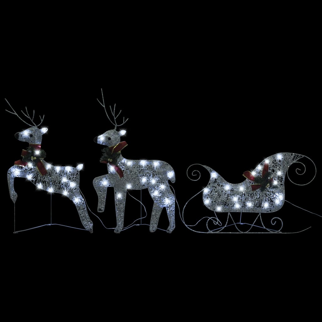 Silver LED-lit reindeer and sleigh Christmas decoration with 140 lights for outdoor use.