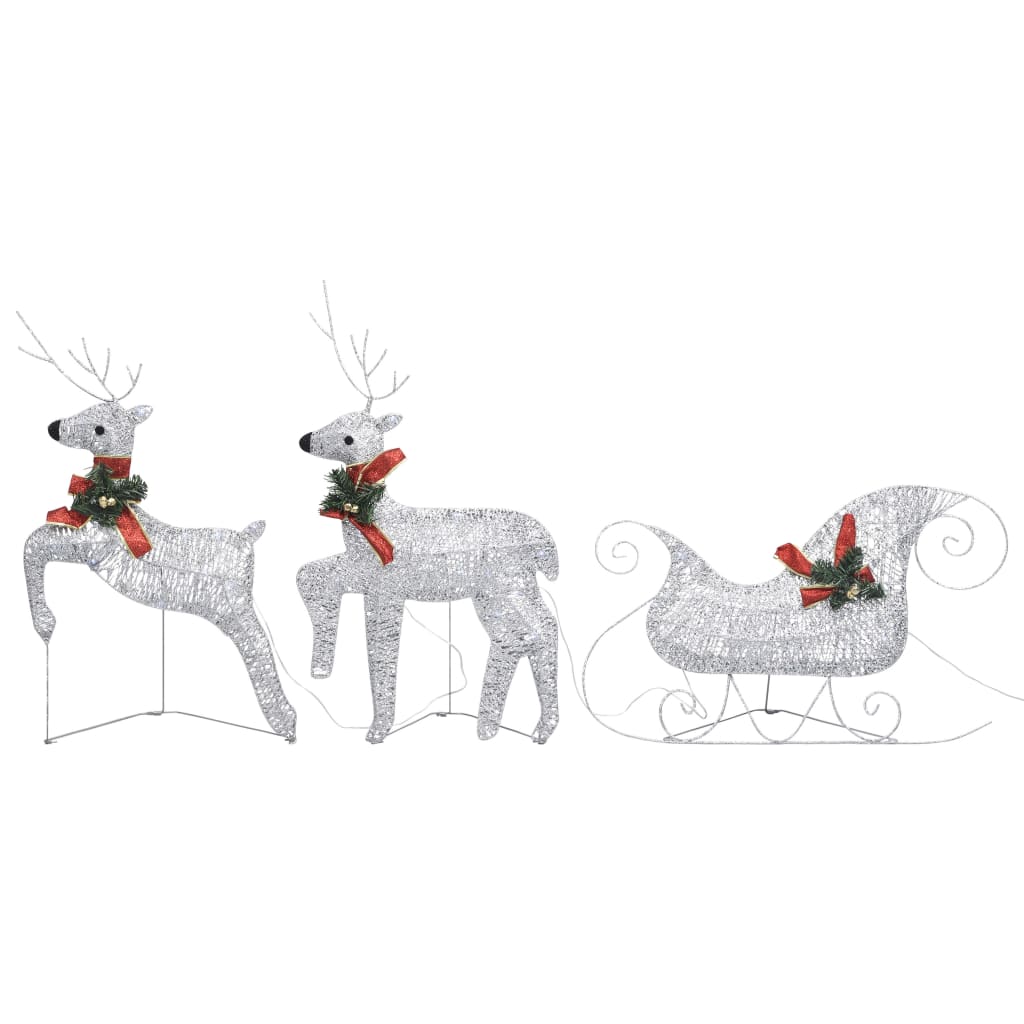 Silver LED-lit reindeer and sleigh Christmas decoration set for outdoor use.