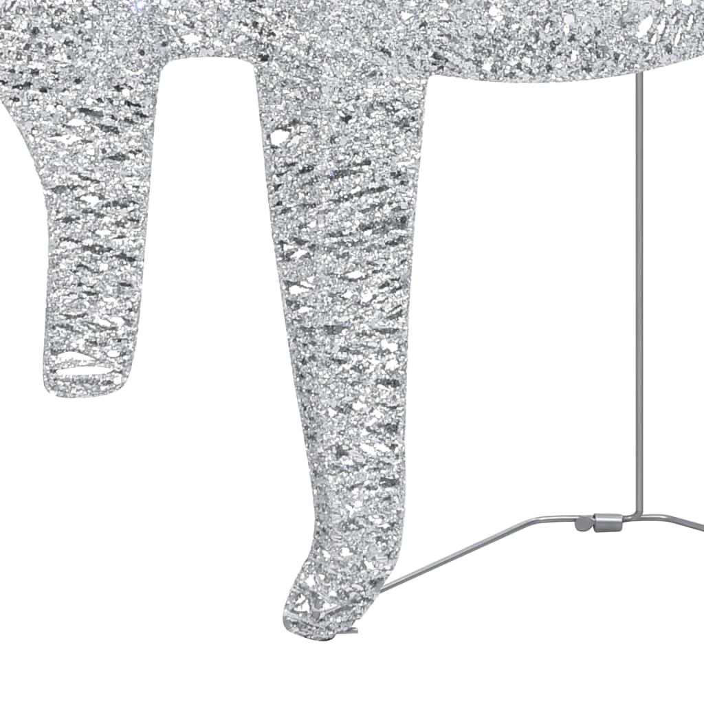 Silver LED-lit reindeer and sleigh Christmas decoration with metal frame and stand.