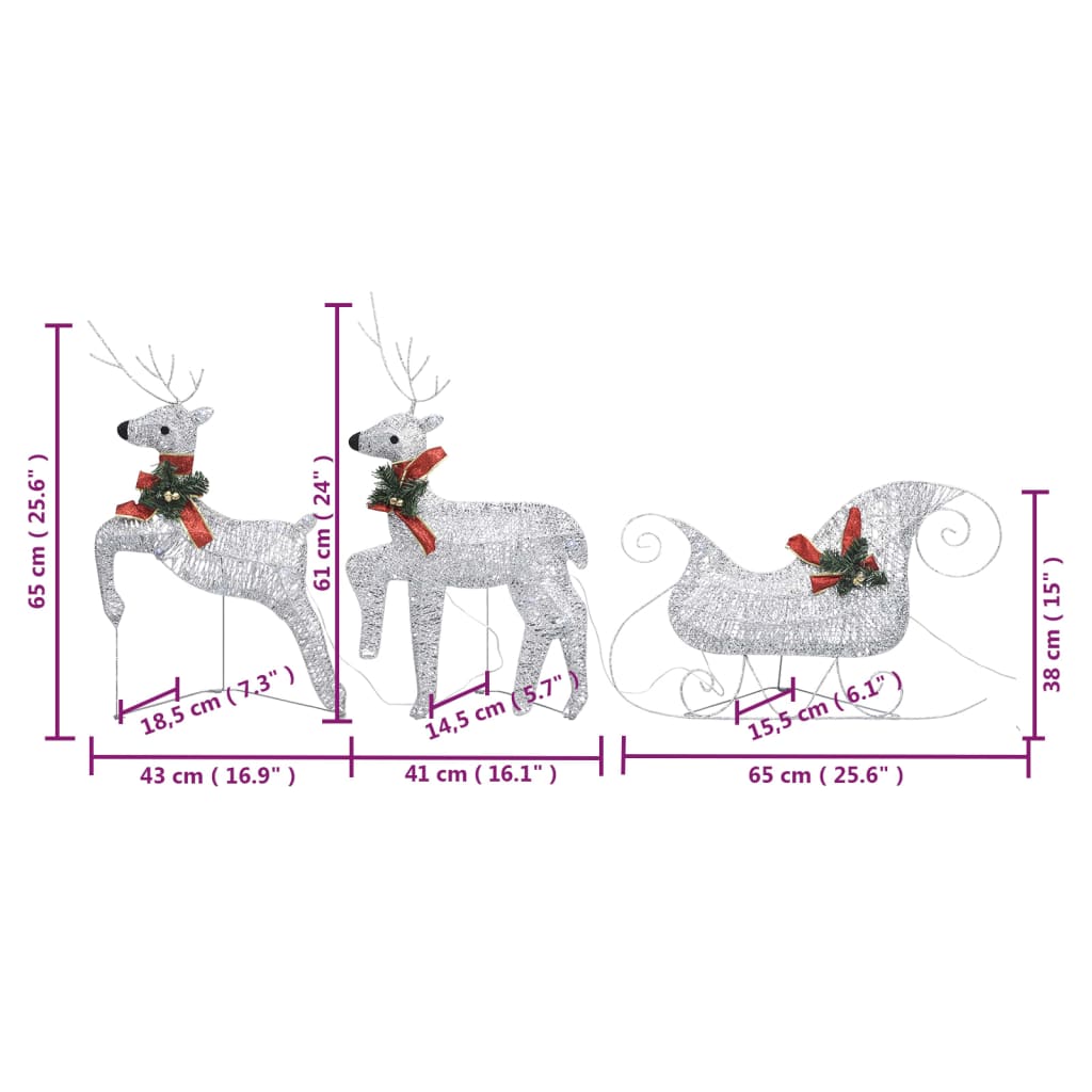 Silver LED-lit reindeer and sleigh Christmas decoration with dimensions shown.