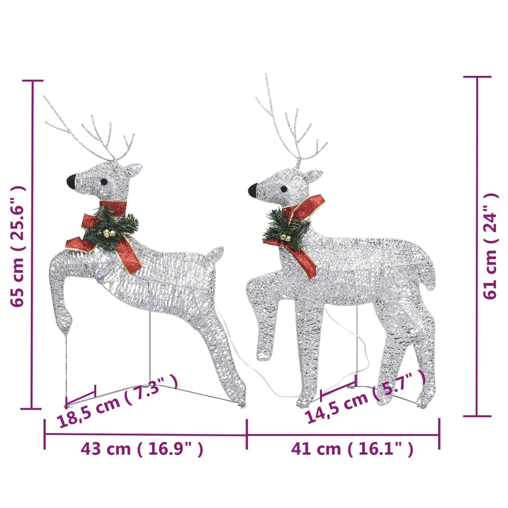 Silver reindeer and sleigh Christmas decoration with 140 LEDs, measuring 65 cm high and 43 cm wide.