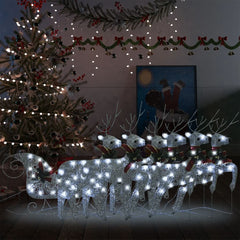 Silver LED-lit reindeer and sleigh Christmas decoration with 140 lights for outdoor use.