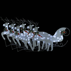 White LED-lit reindeer and sleigh Christmas decoration for outdoor use.