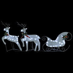 White LED-lit reindeer and sleigh Christmas decoration for outdoor use.