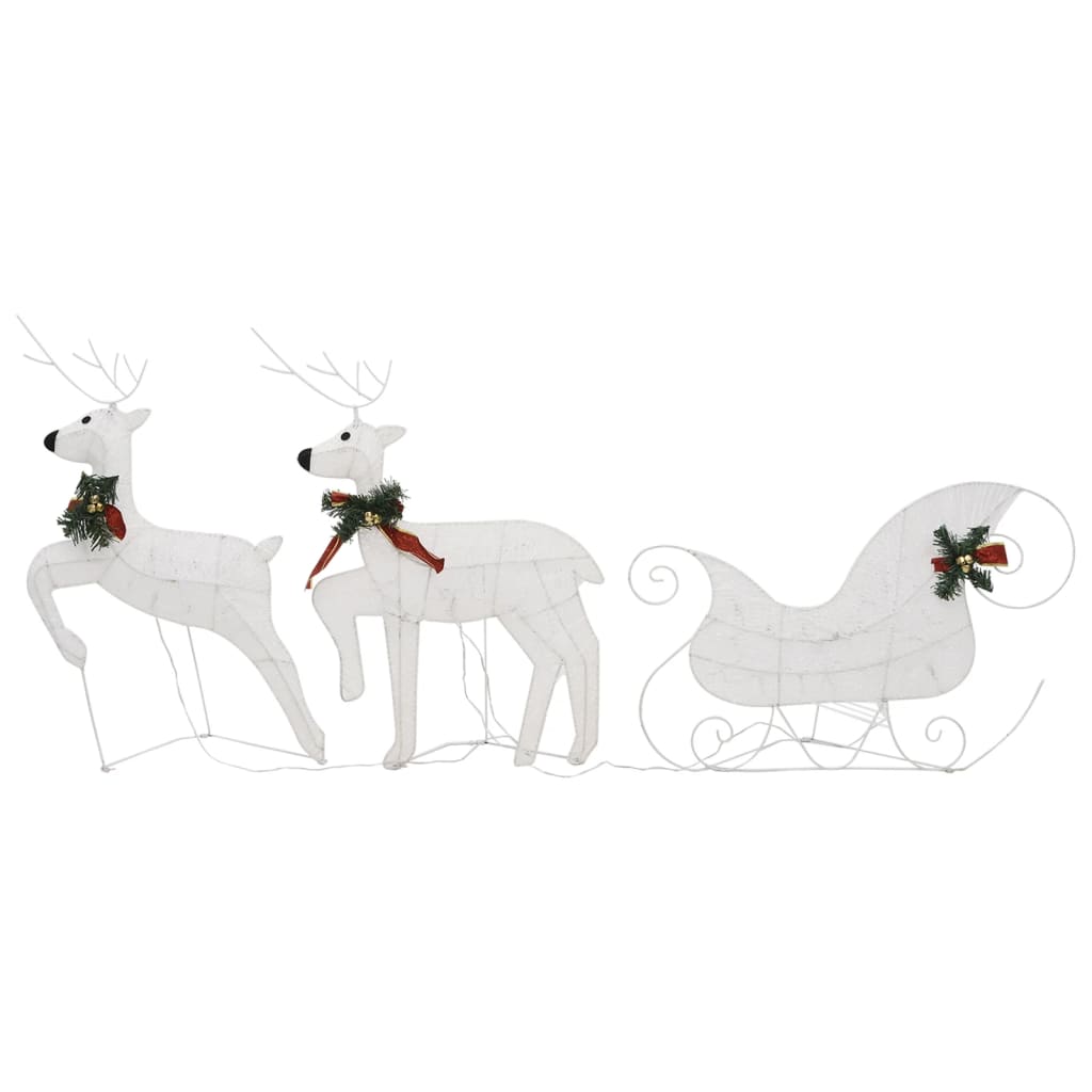 White LED-lit reindeer and sleigh Christmas decoration with red bows for outdoor use.