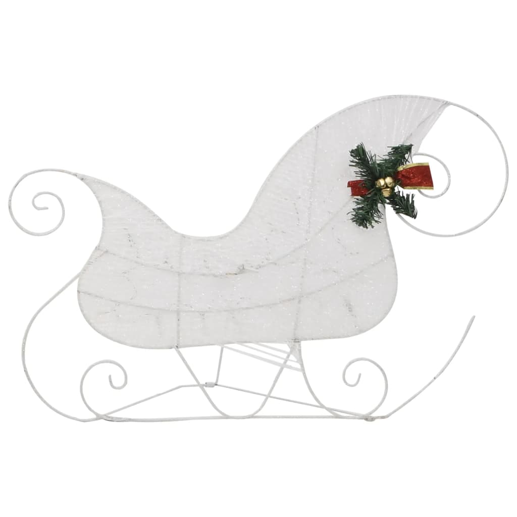 White outdoor Christmas sleigh decoration with red bow, green holly, and 140 LEDs.