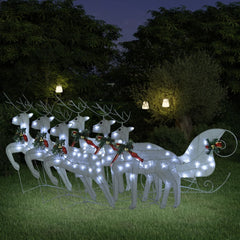 White LED-lit reindeer and sleigh Christmas decoration for outdoor use.