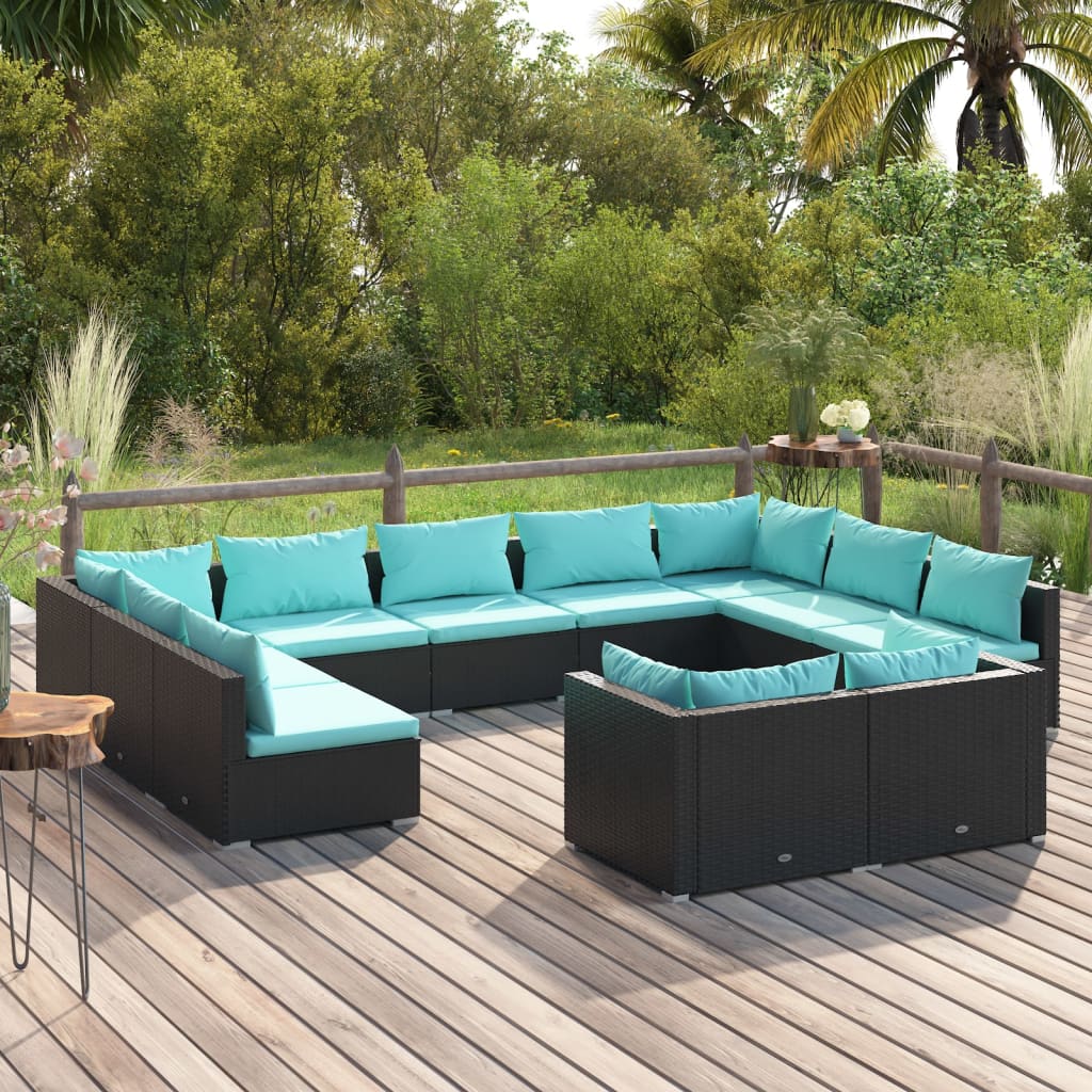 Garden Lounge Set Black PE rattan, powder-coated steel, plastic