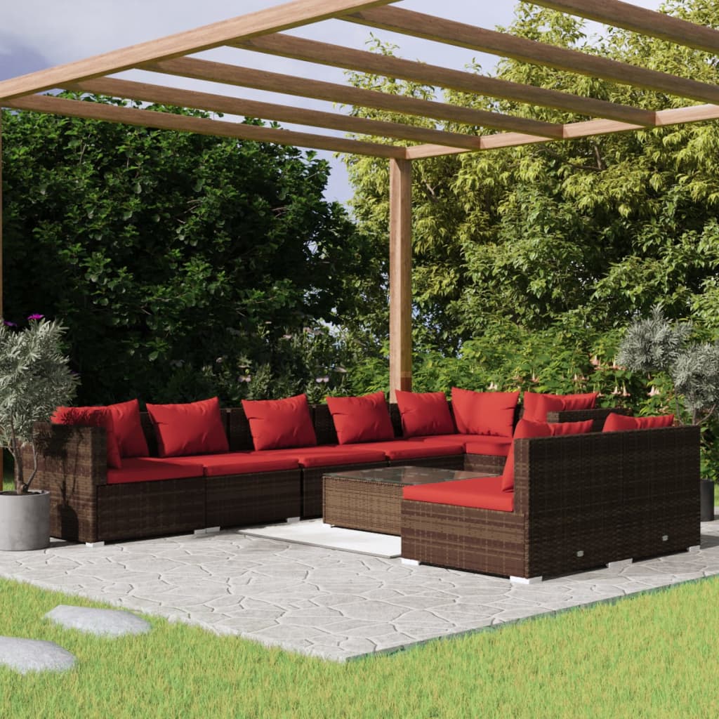 Garden Lounge Set Brown with Cinnamon Red Cushions