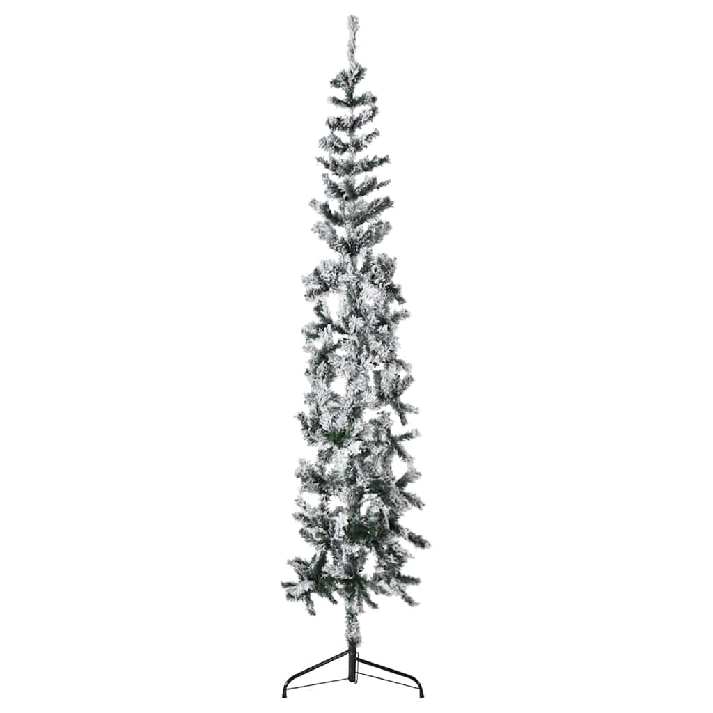 6ft slim half Christmas tree with flocked branches and metal stand for space-saving decor