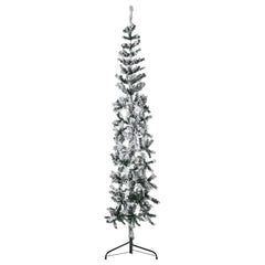 6ft slim half Christmas tree with flocked branches and metal stand for space-saving decor