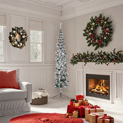 Slim 6ft half Christmas tree with flocked branches and steel stand for small spaces.