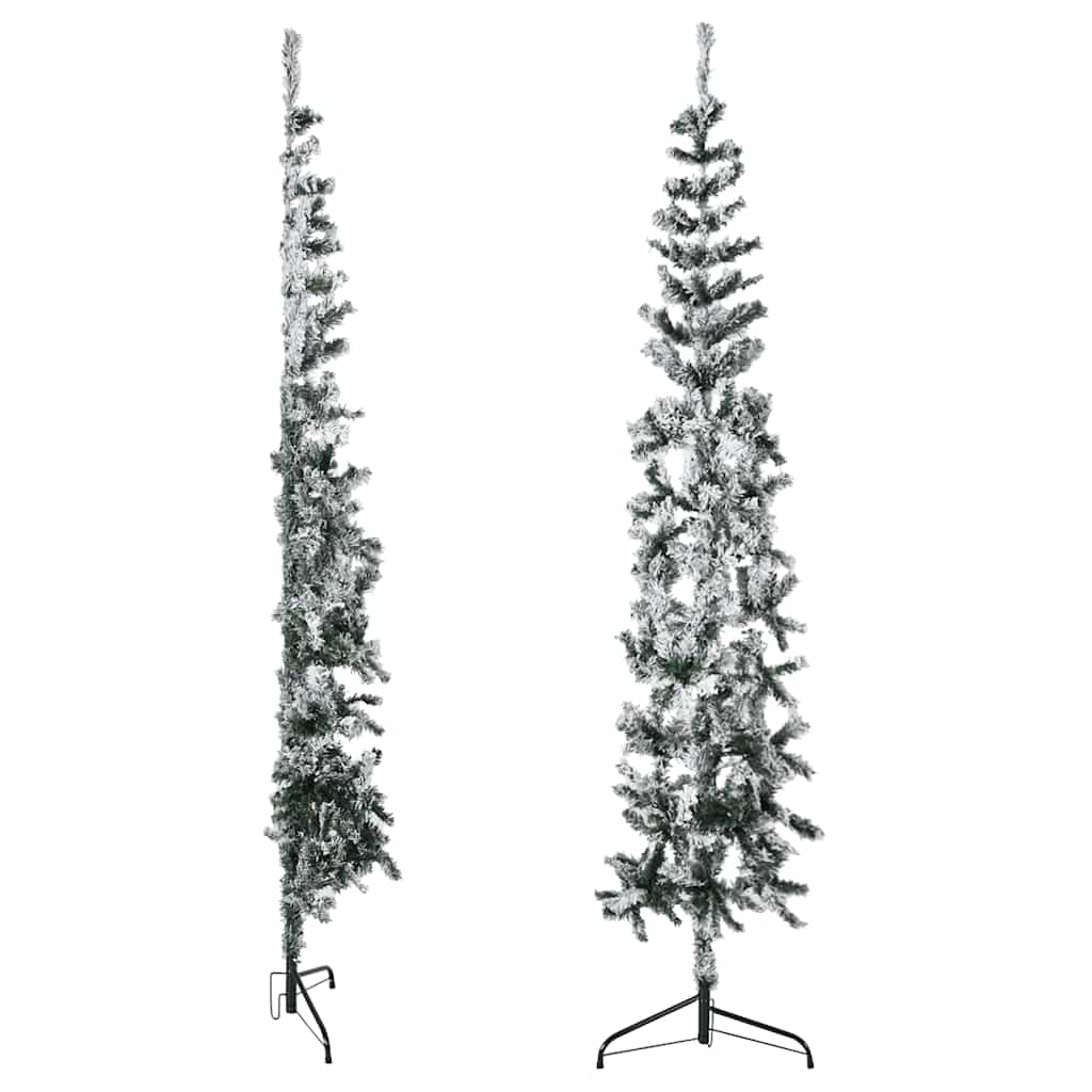 Slim 6ft half Christmas tree with flocked branches and sturdy metal stand for small spaces.