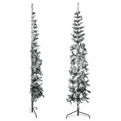 Slim 6ft half Christmas tree with flocked branches and sturdy metal stand for small spaces.