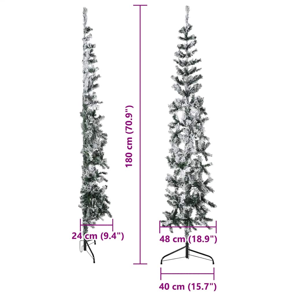 Slim 6ft half Christmas tree with flocked branches and steel stand, space-saving design.
