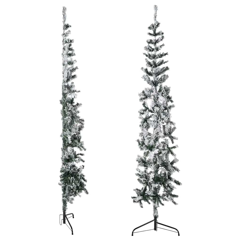 Slim 7 ft green PVC half Christmas tree with flocked snow on a metal stand