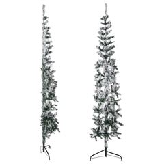 Slim 7 ft green PVC half Christmas tree with flocked snow on a metal stand