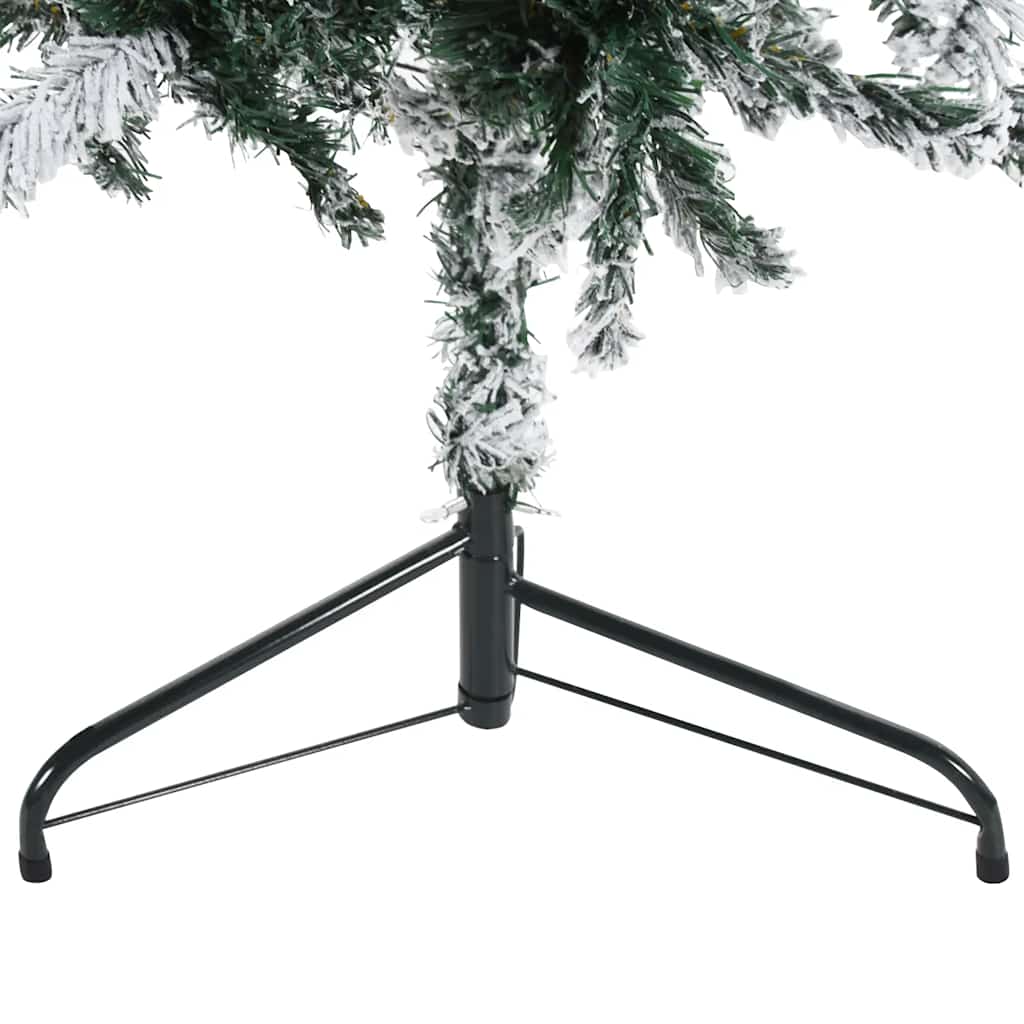 Slim half Christmas tree with flocked snow effect on a black metal stand, 7 ft tall.