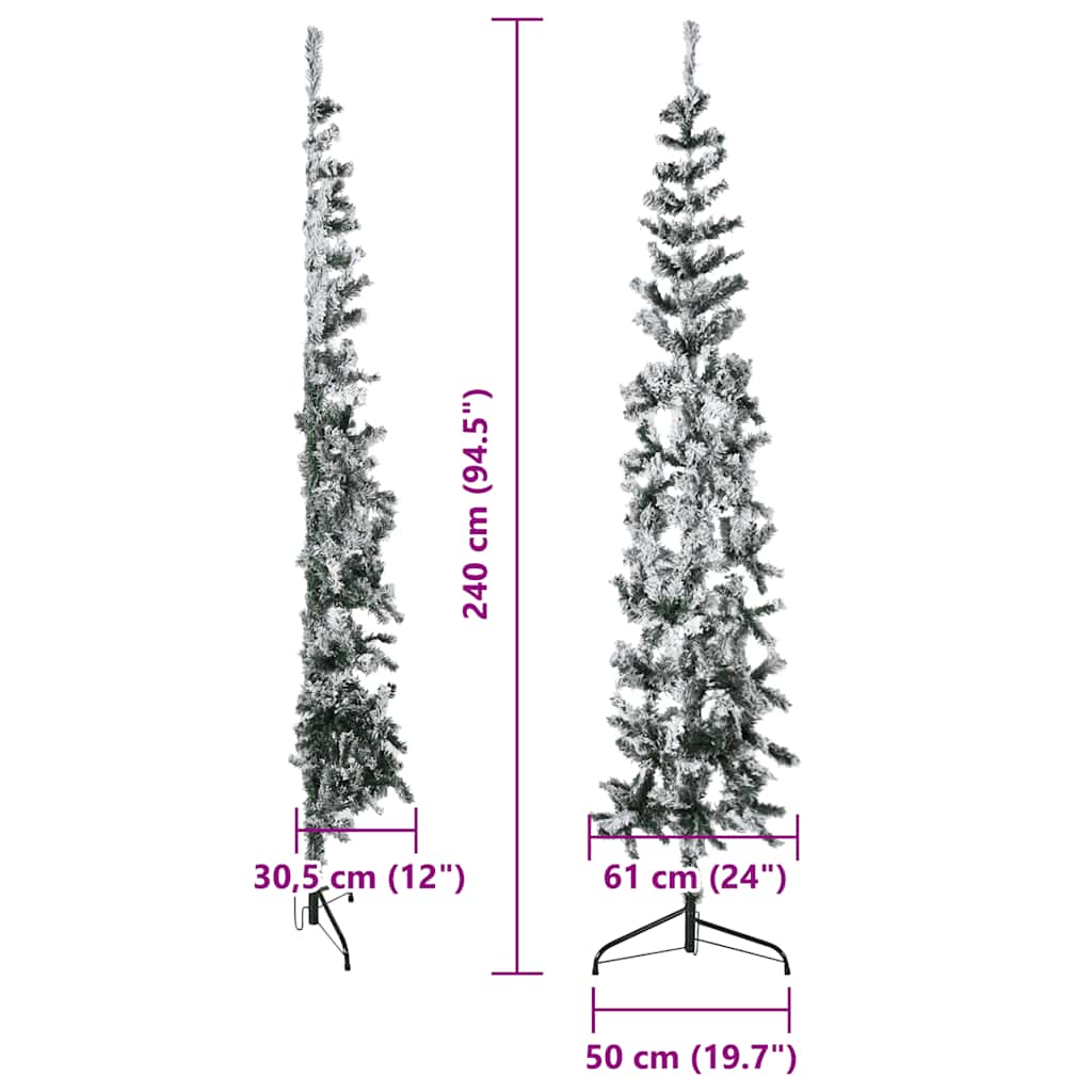 8ft slim half Christmas tree with snow-flocked tips and a sturdy green stand.