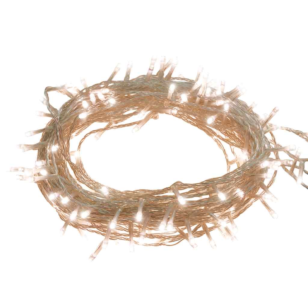 A coiled string of 150 warm white LED lights on 49.2-foot USB PVC wire.