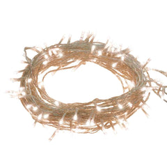 A coiled string of 150 warm white LED lights on 49.2-foot USB PVC wire.