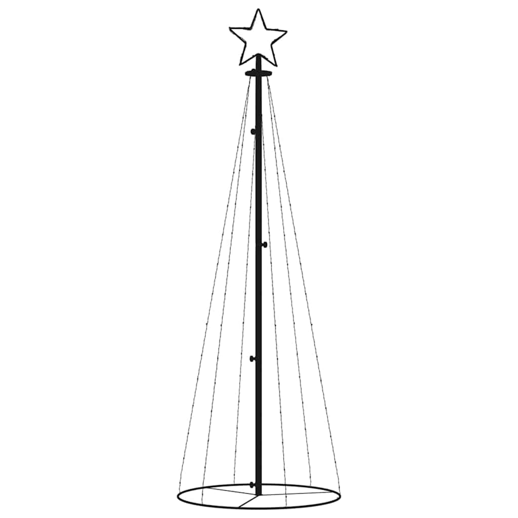 Colorful LED Christmas cone tree, 2x6 ft tall with 108 lights on steel frame.