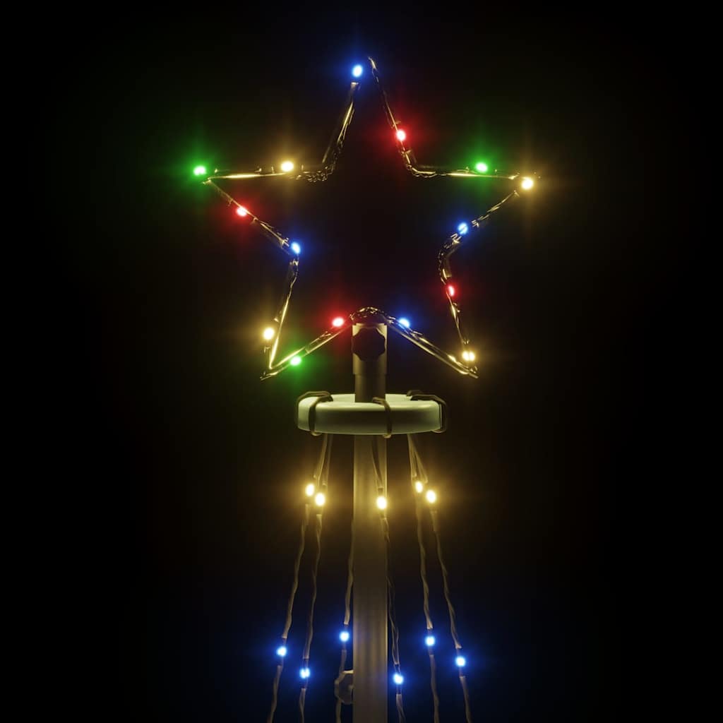 Colorful LED Christmas cone tree, 2x6 ft with 108 multicolor lights on a steel frame.