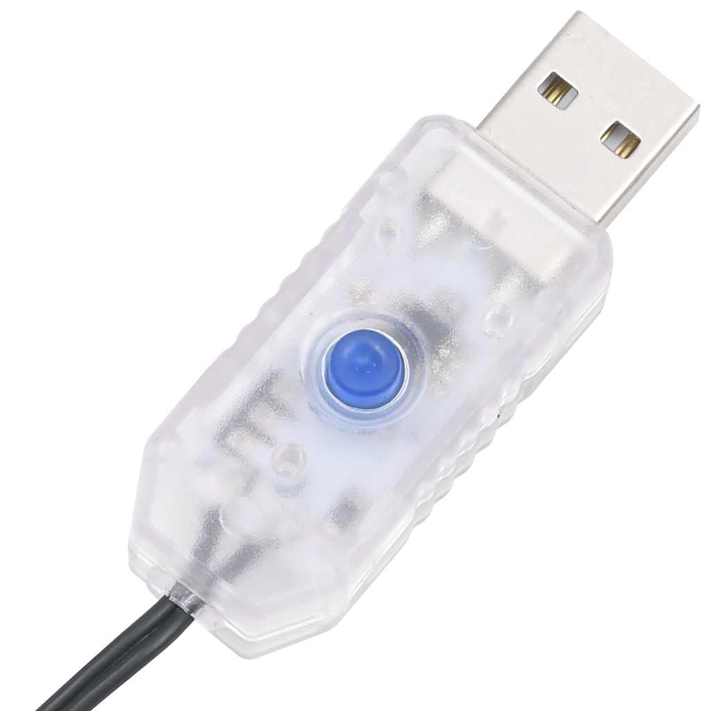 A clear plastic USB cable with a blue button switch is shown on a white background.