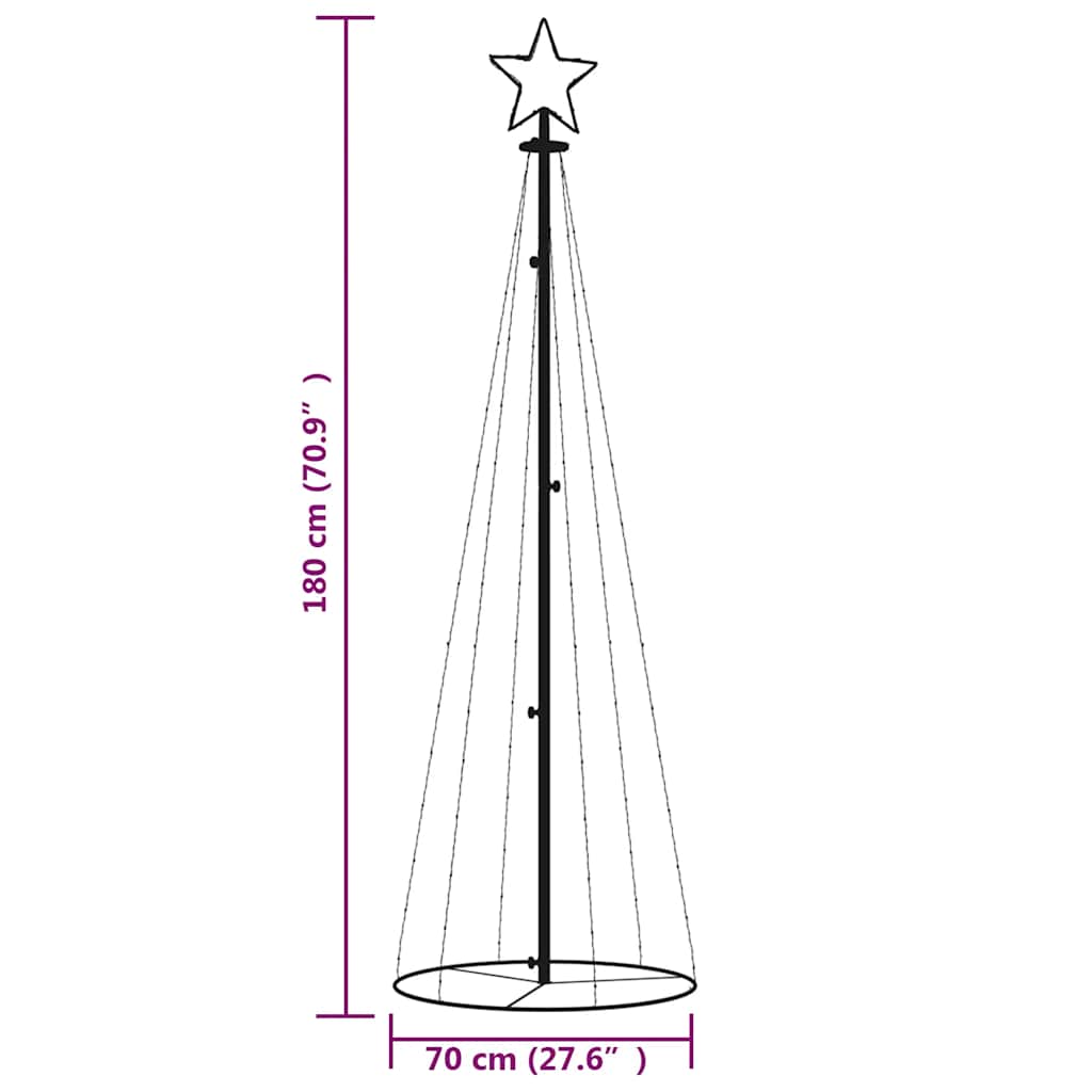 A 6 ft tall colorful LED Christmas cone tree with a steel frame, 108 lights, and dimensions shown.