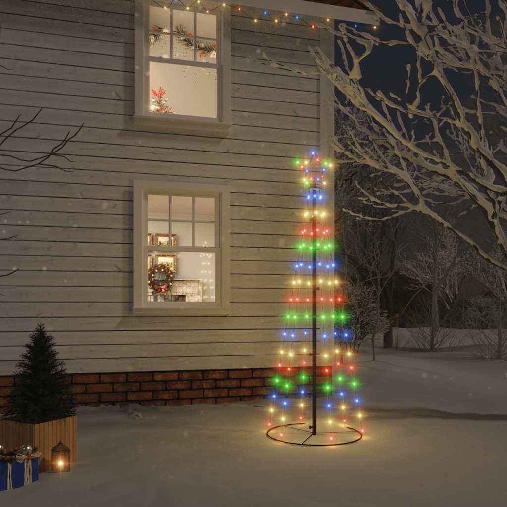 Colorful LED Christmas cone tree with 108 lights, 6 feet tall, on snowy ground at night.