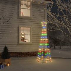 Colorful LED Christmas cone tree with 108 lights, 6 feet tall, on snowy ground at night.
